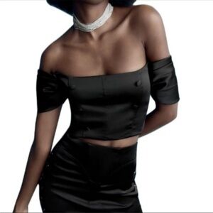 ZARA Satin effect buttoned design at front puff short sleeves top